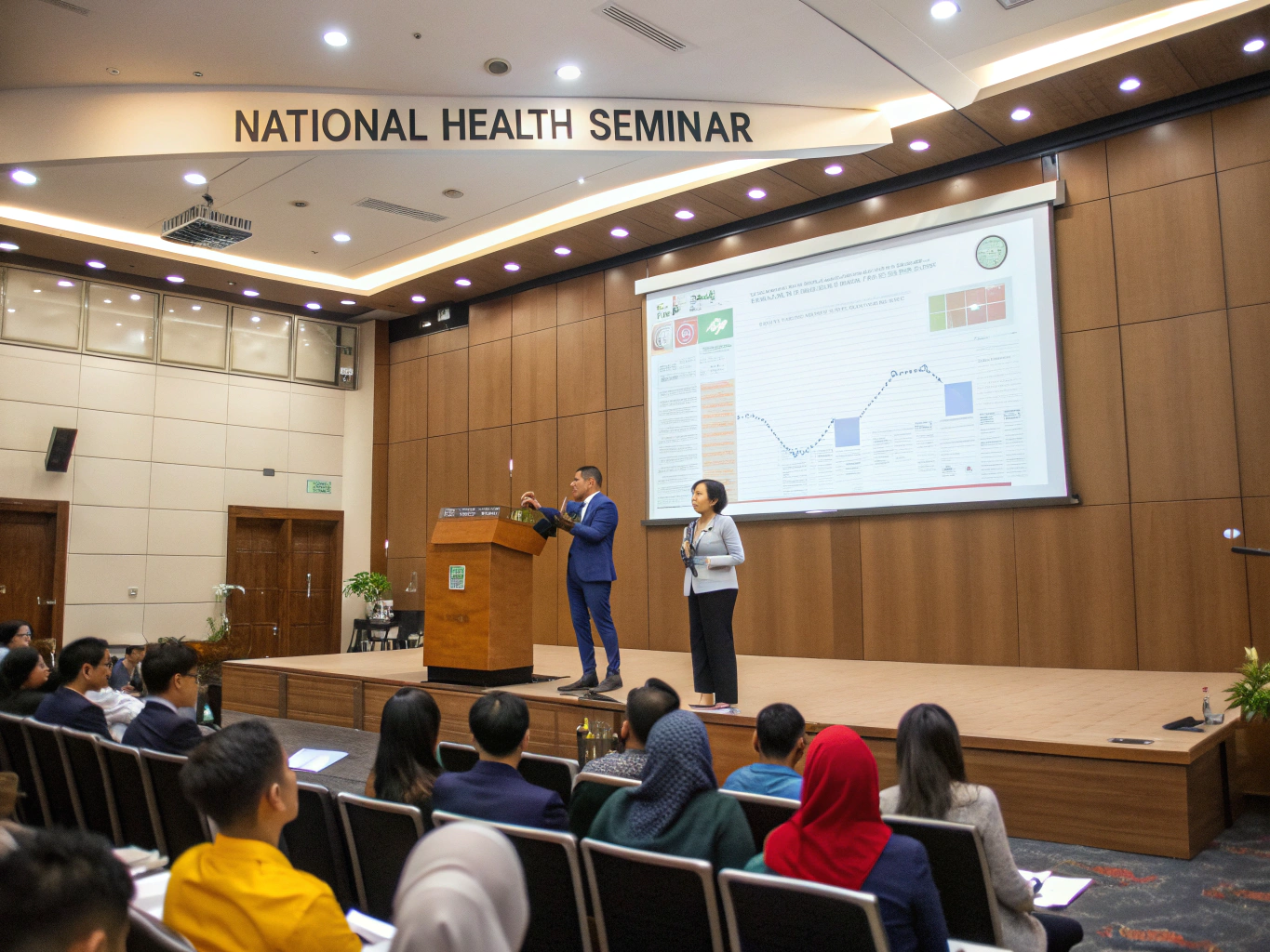Pengaturan tenda formal dengan barisan kursi seminar dan podium rapi
