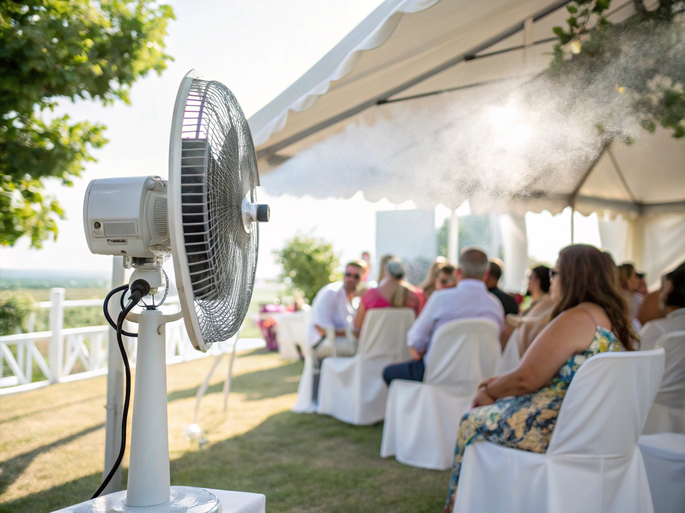 Unit standing AC dan misty fan penyejuk udara di dalam tenda