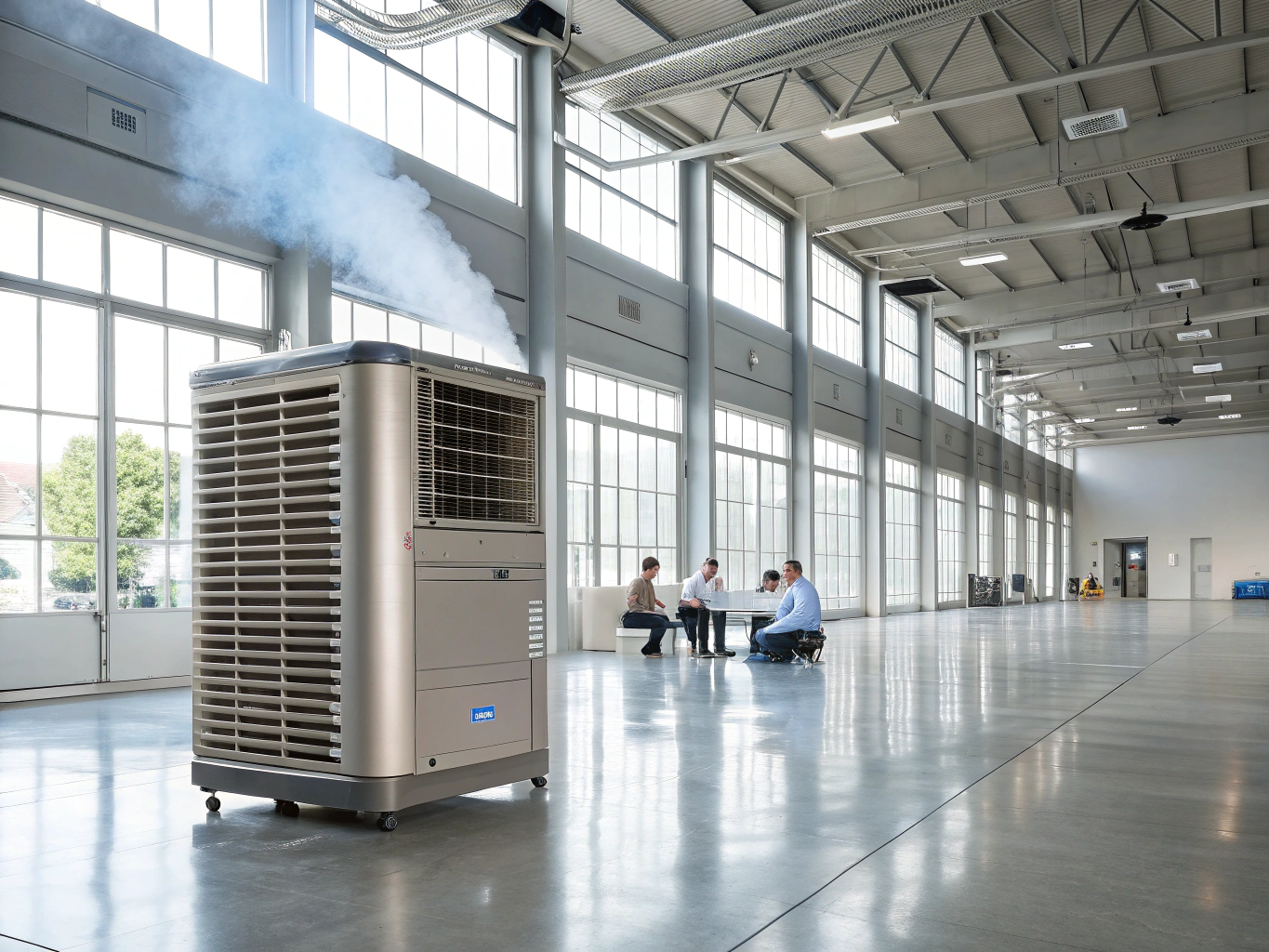 Unit pendingin AC standing dan kipas embun misty fan di dalam ruangan acara